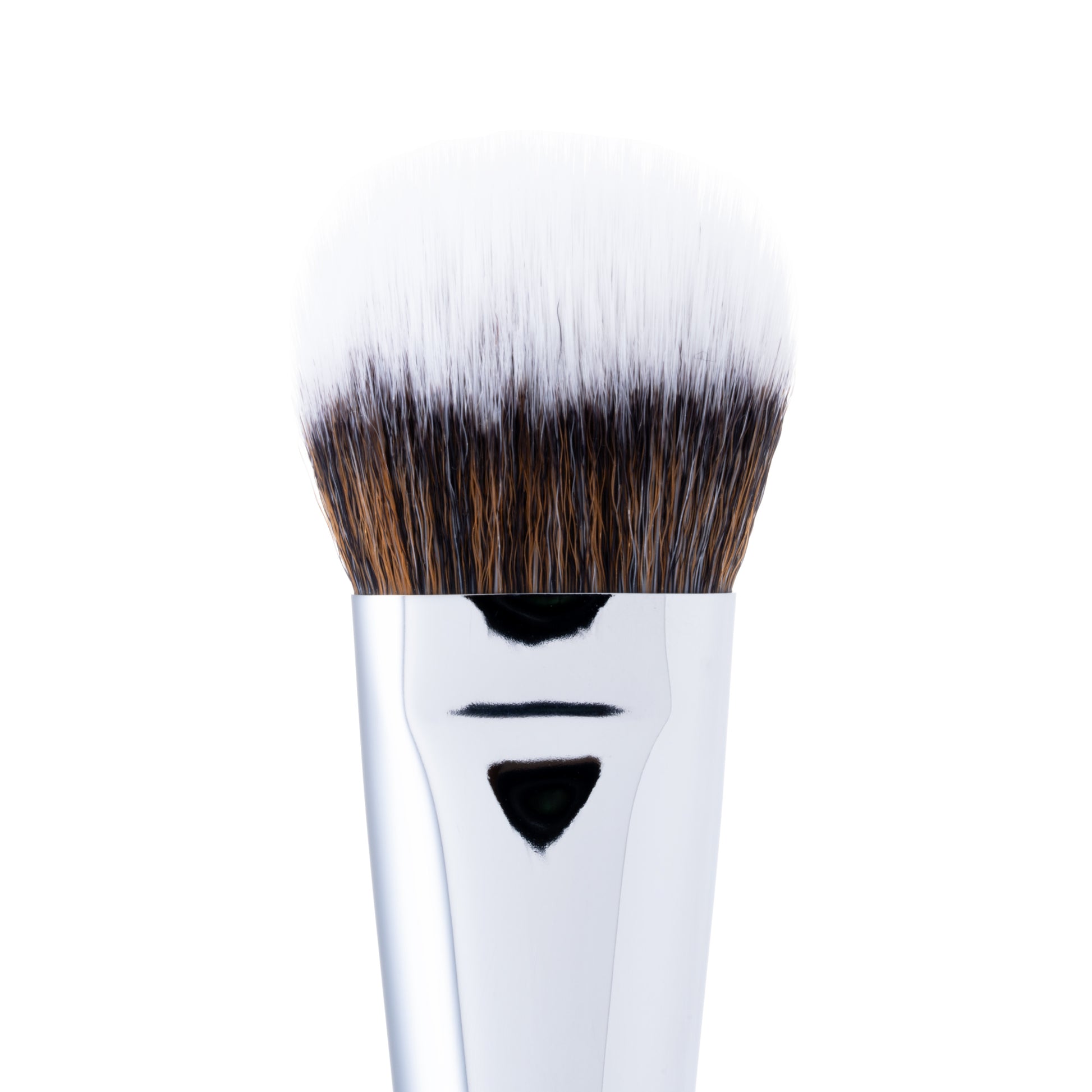 A close-up of a flat makeup brush with duo-fibre bristles, featuring a mix of synthetic and natural hair.