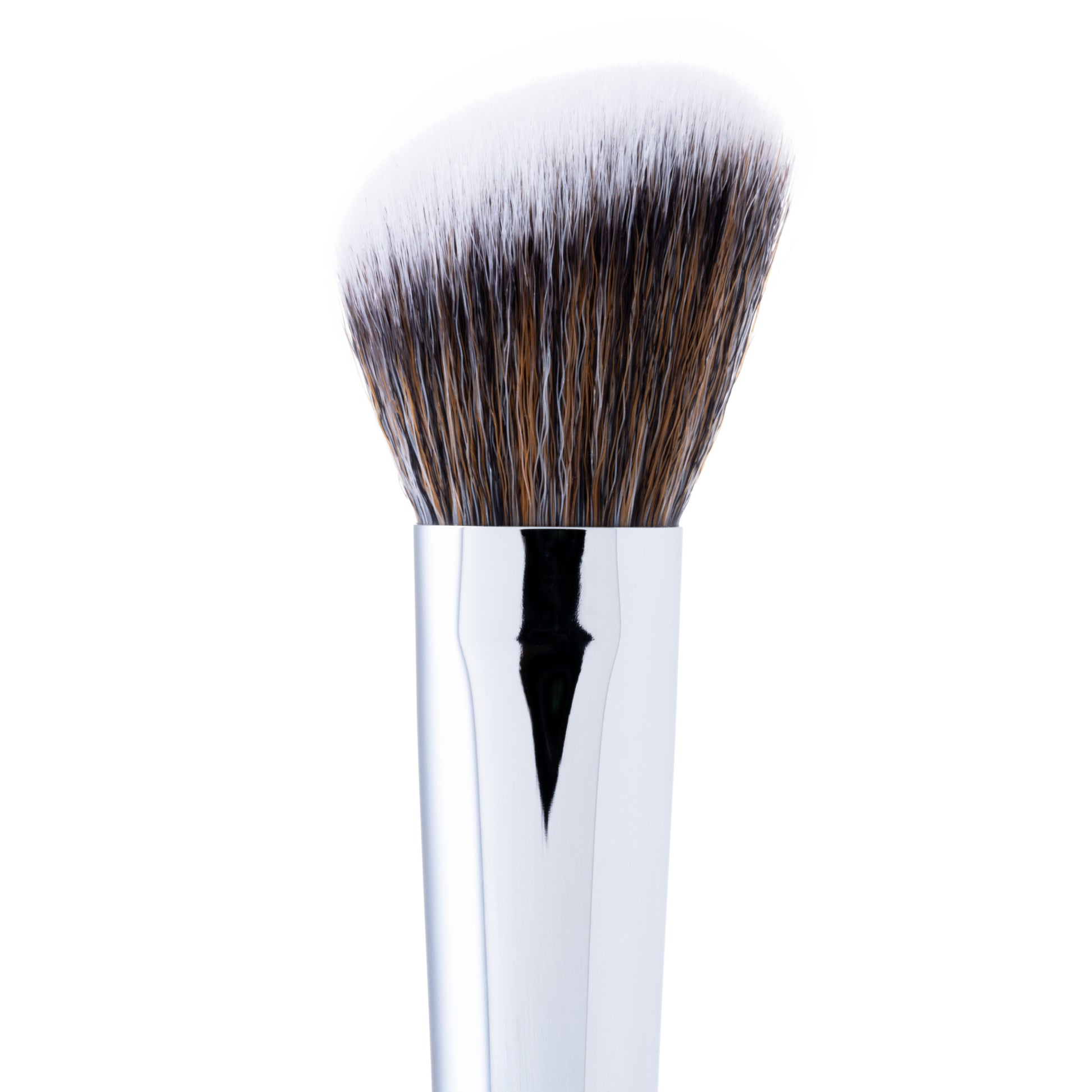 A close-up of an angled cheek brush with a fluffy, dome-shaped head made of synthetic bristles, and a silver handle.