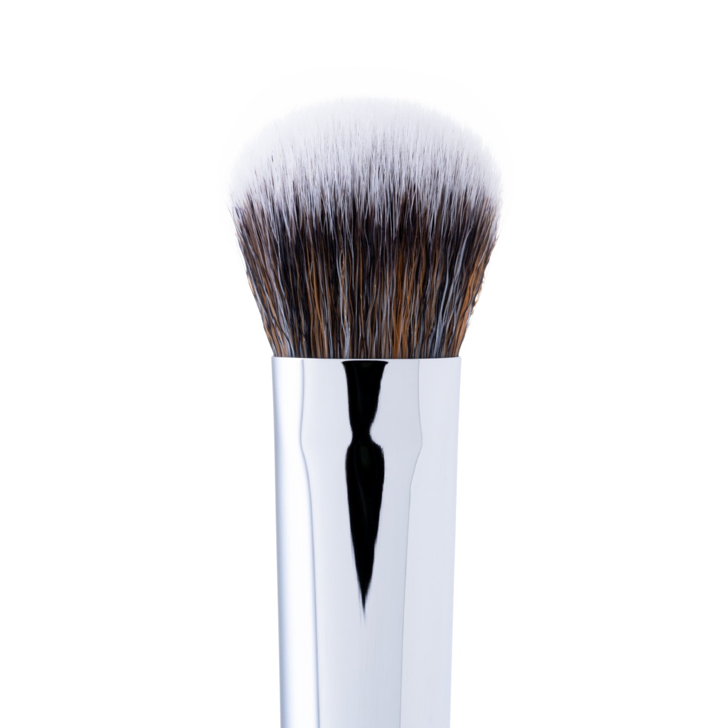 A close-up of a dense finishing brush with a flat, round, synthetic head and a silver handle.