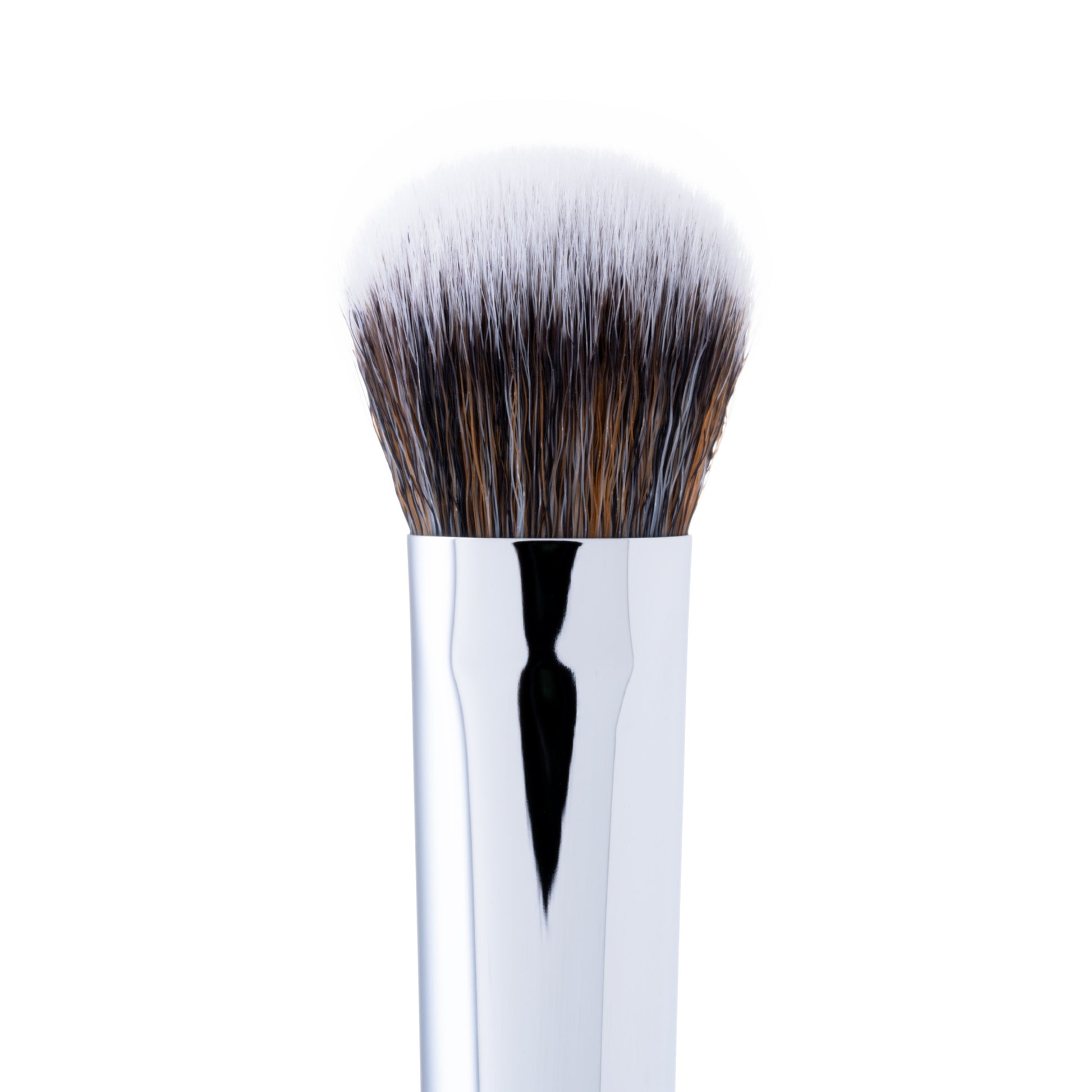A close-up of a dense finishing brush with a flat, round, synthetic head and a silver handle.