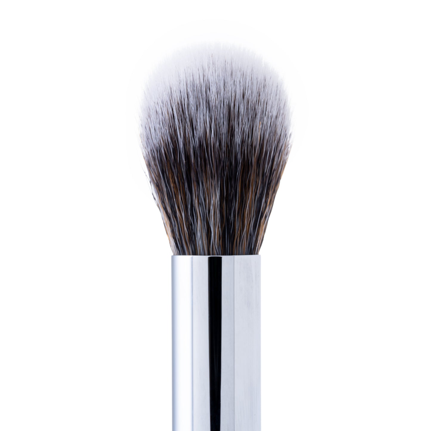 A close-up of a petite face brush with a fluffy pointed tip and a silver handle.