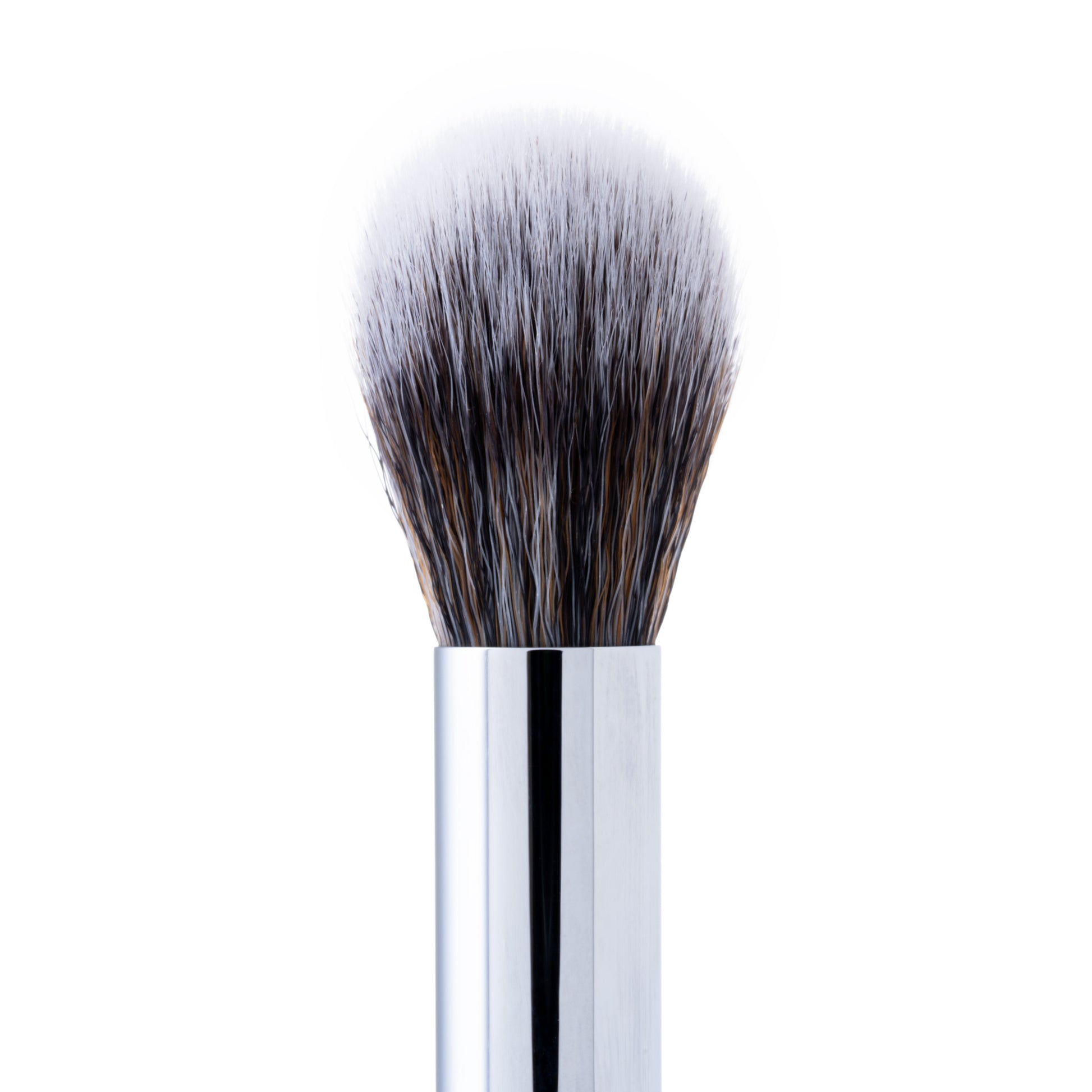 A close-up of a petite face brush with a fluffy pointed tip and a silver handle.