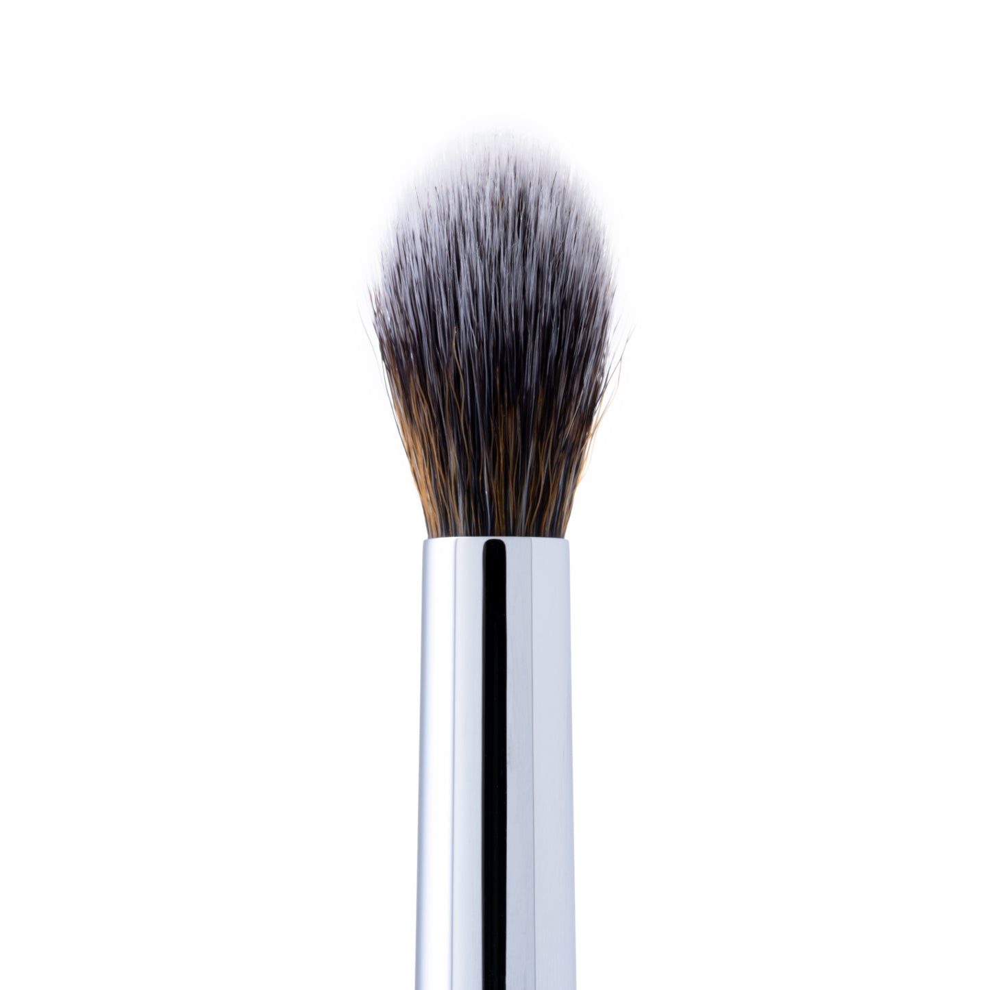 A close-up of a blending brush with soft, tapered bristles and a silver handle.