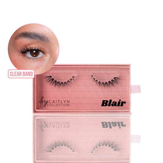 False eyelashes packaging with 'Blair' and 'Caitlyn' branding on a white background.